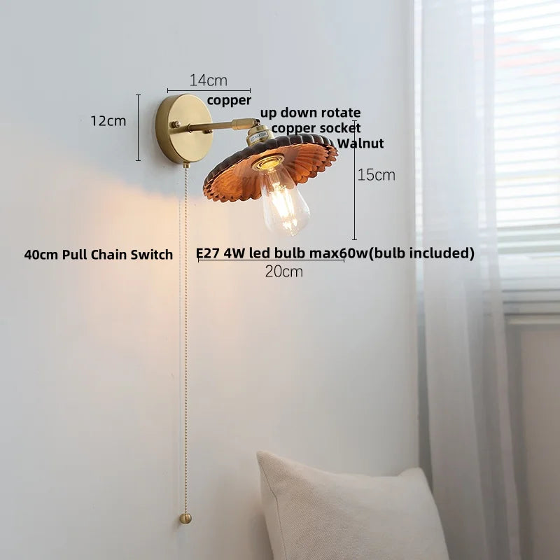 Afralia™ Walnut Wood LED Wall Sconce, Pull Chain Switch, Copper Socket, Bedroom Aisle Hallway