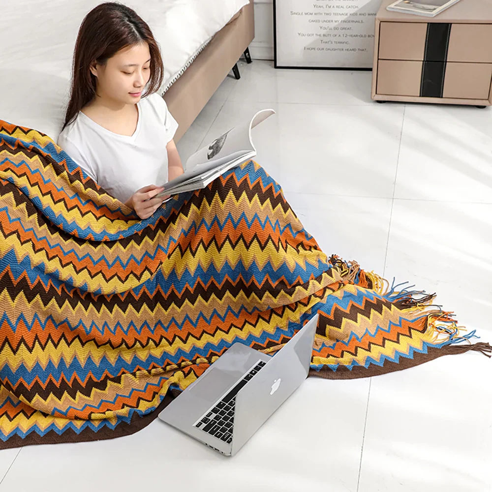 Afralia™ Bohemian Knitted Blanket with Tassels, Oversized Vintage Style Blanket