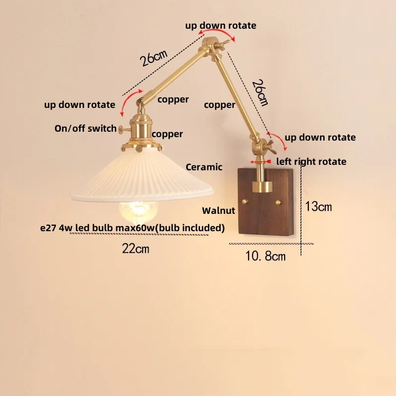 Afralia™ Cube Glass LED Wall Sconce Walnut Wood 2 Arms Rotatable Mirror Light