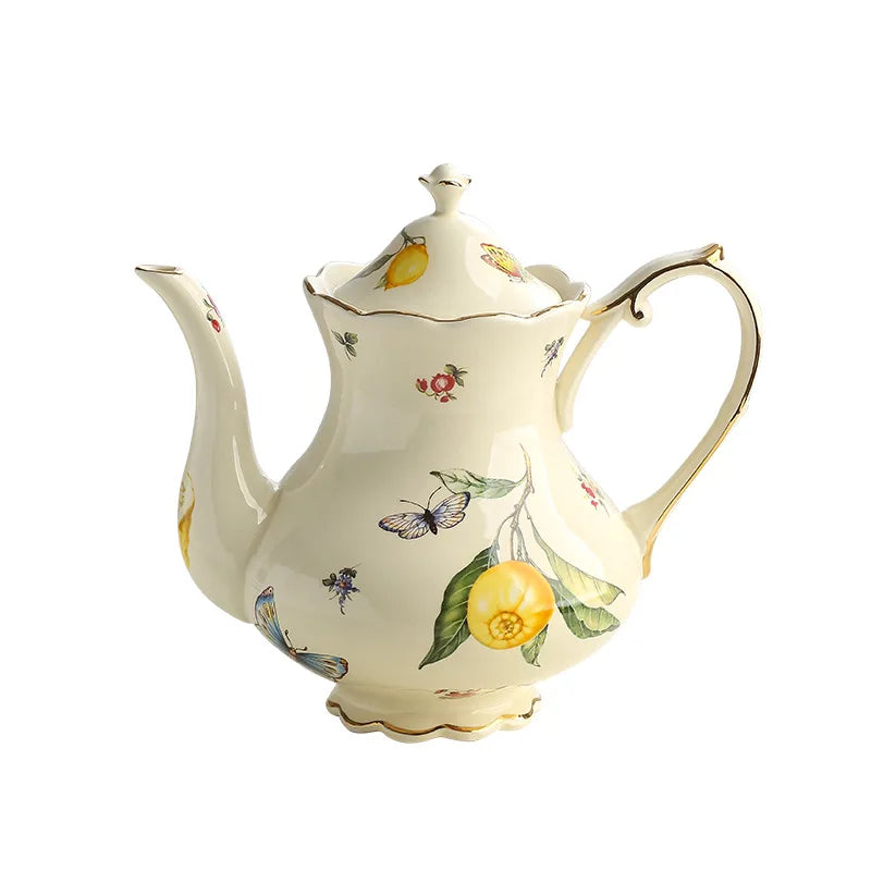 Afralia™ Lemon Pattern Porcelain Tea Set: Teapot, Kettle, Handle Cup, Mugs