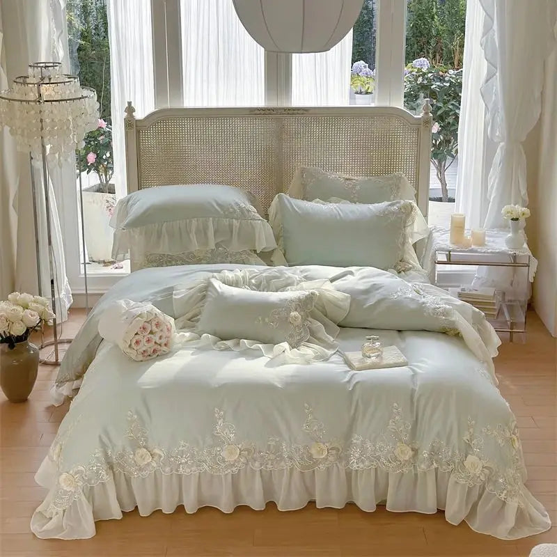 Luxury Lace Ruffle Wedding Bedding Set by Afralia™