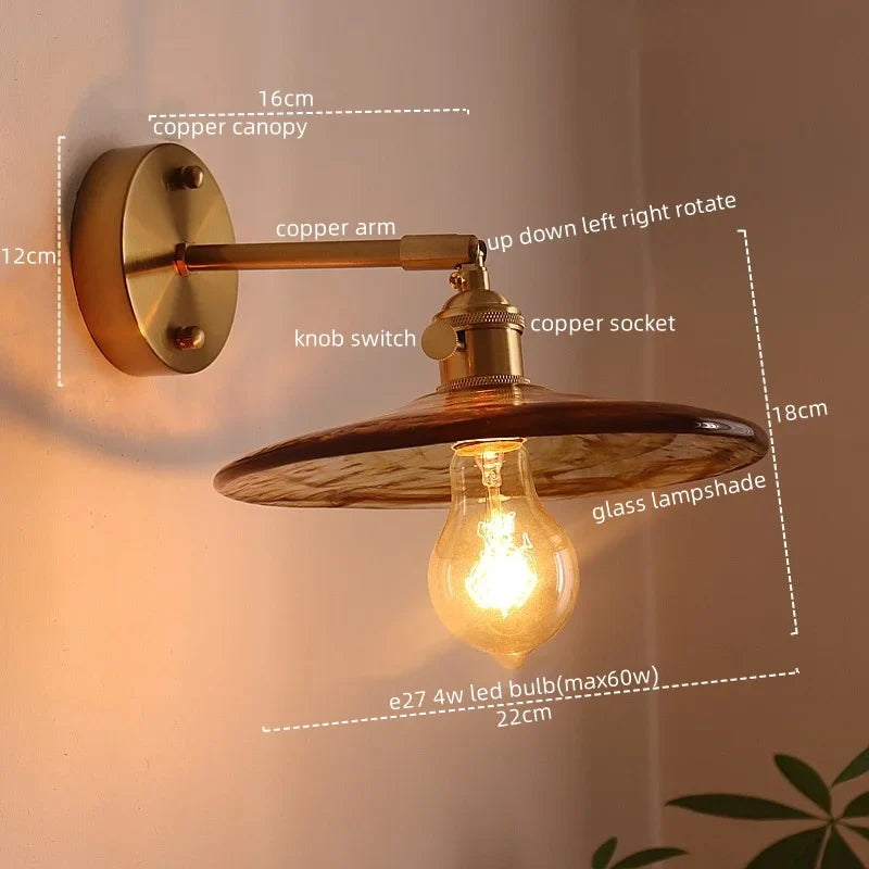 Afralia™ Japanese Style LED Wall Lamps Living Room Coffee Balcony Stair Light Copper Glass