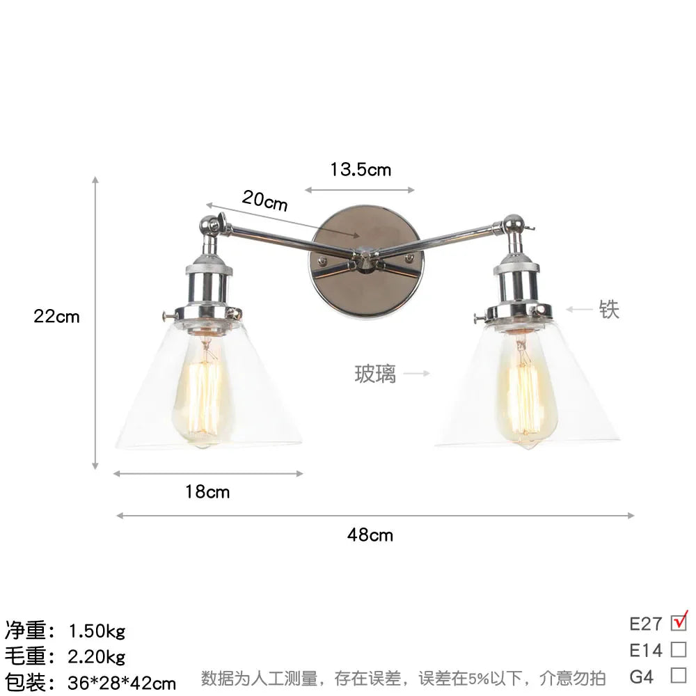 Afralia™ 2 Head LED Wall Lamps Iron Glass Bedroom Stair Light Fixtures