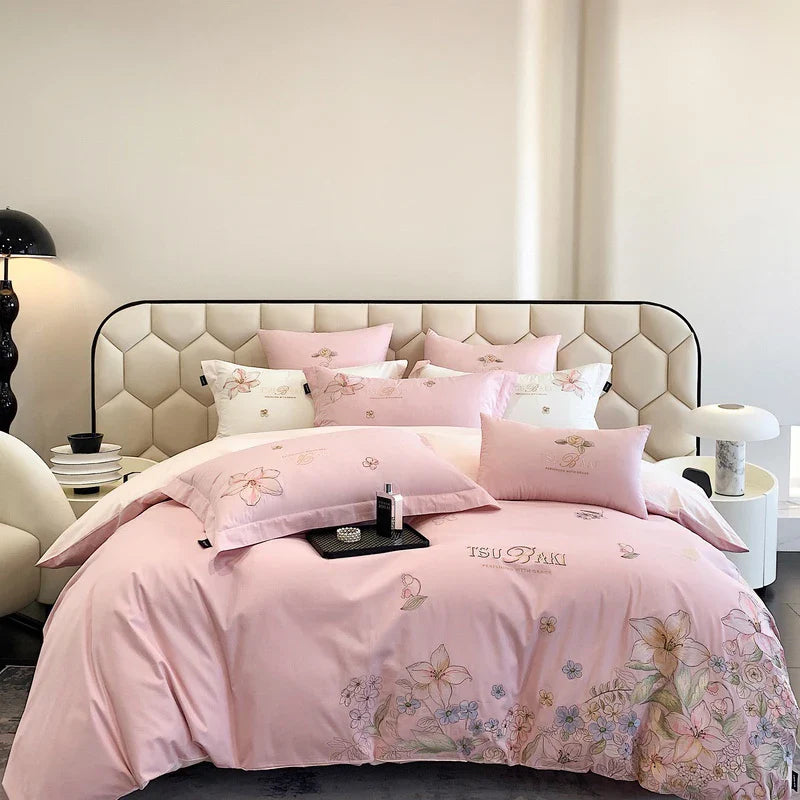 Afralia™ Flowers Embroidery 100% Egyptian Cotton Bedding Set, White/Pink