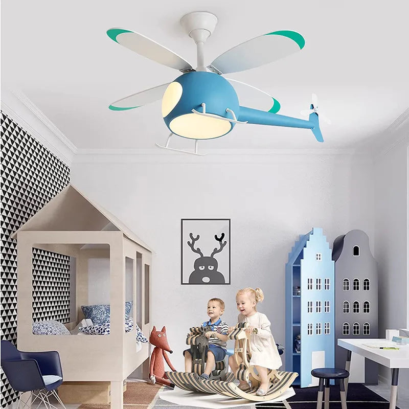 Afralia™ Aircraft LED Chandelier Ceiling Fan Light Remote Dimming Kids Room Bedroom Decor