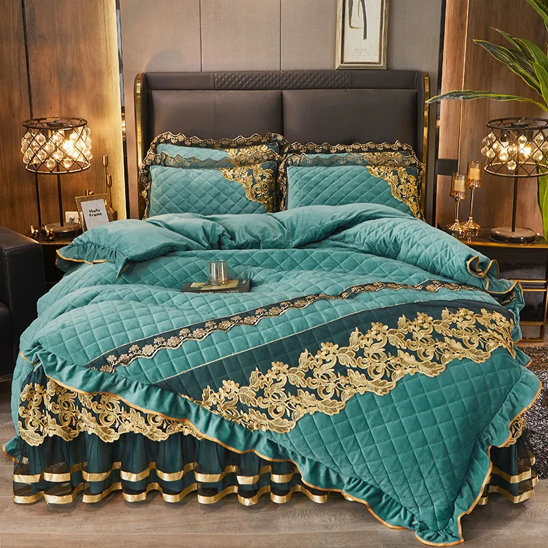 Afralia™ Black Gold Luxury Crystal Velvet Bedding Set with Quilted Embroidery & Ruffles