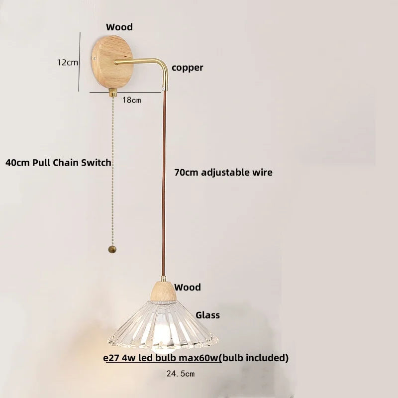 Afralia™ Clear Glass LED Wall Lights with Wood Pull Chain Switch - Modern Copper Stair Light