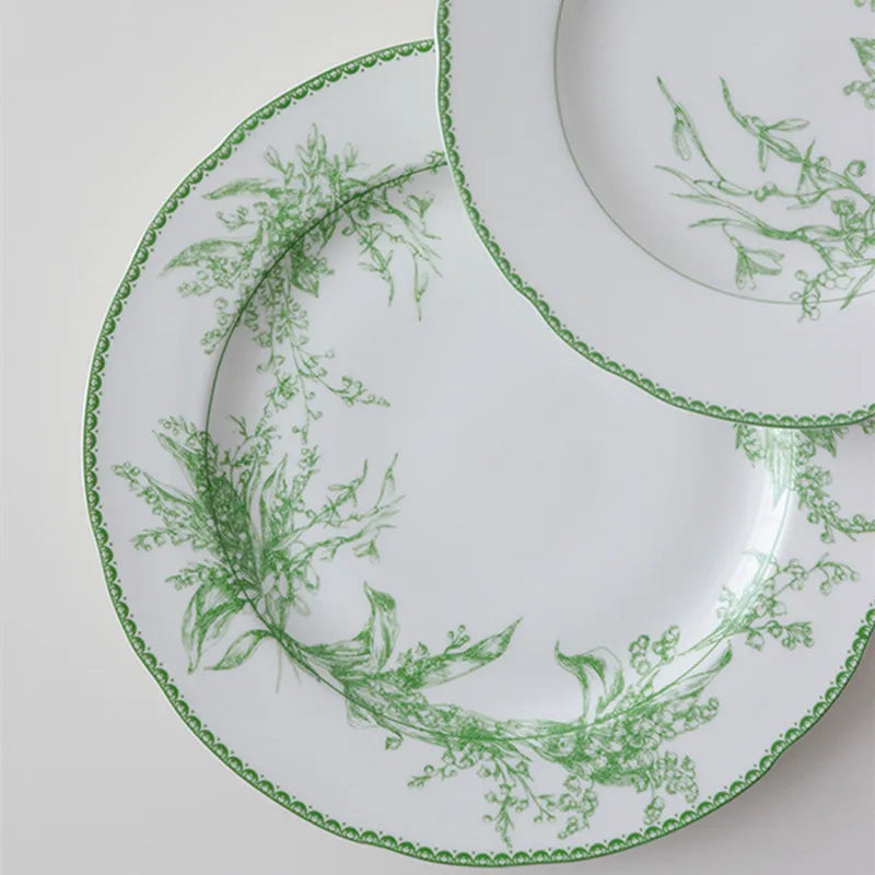 Afralia™ Lily Of The Valley Porcelain Plates, Medieval Pastoral Tableware, Green Dining Collection