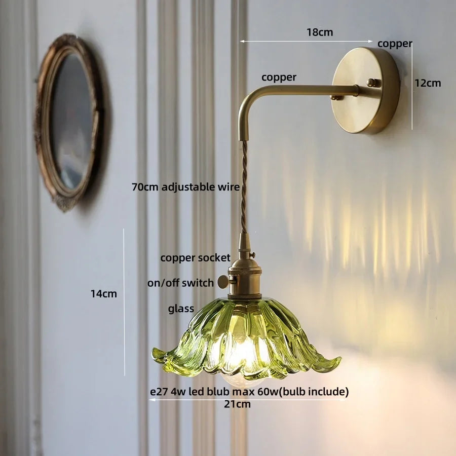 Afralia™ Glass & Copper Green Flower LED Wall Sconce with Pull Chain