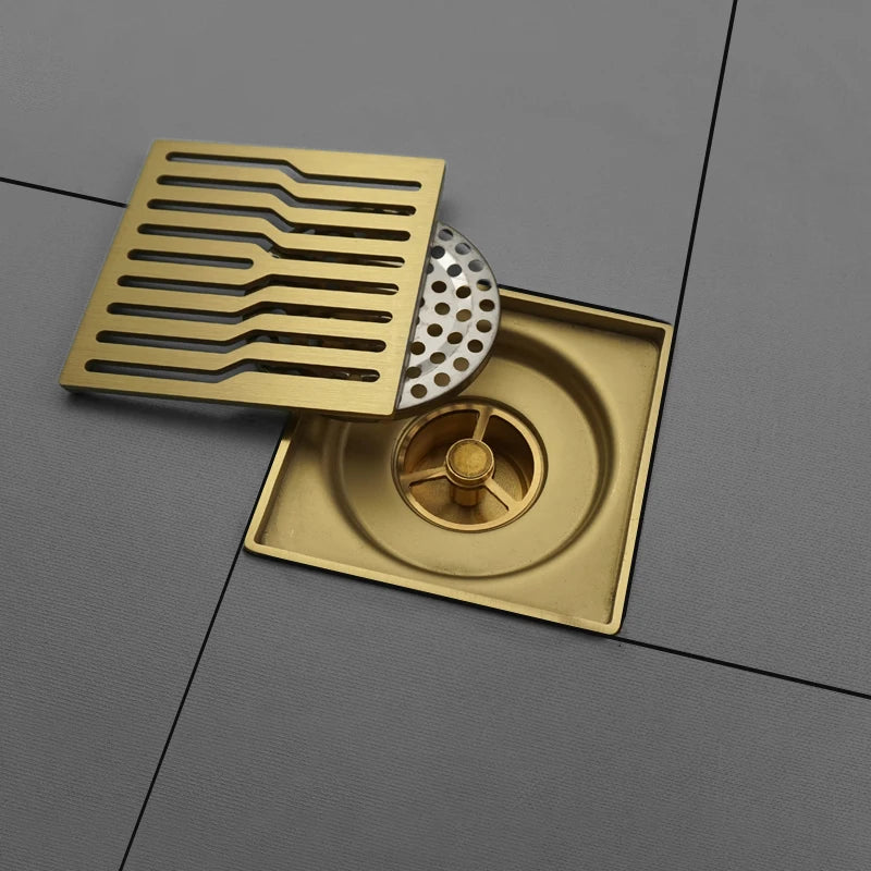 Afralia™ Checkered Tile Insert Brushed Black Brushed Gold Fast Drain Floor Drain