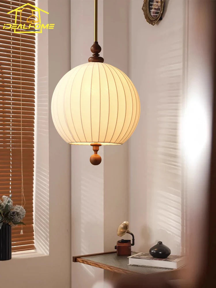 Afralia™ Wabi-sabi Zen Art Wooden Pendant Lights LED E27 Fabric Hanging Lamp
