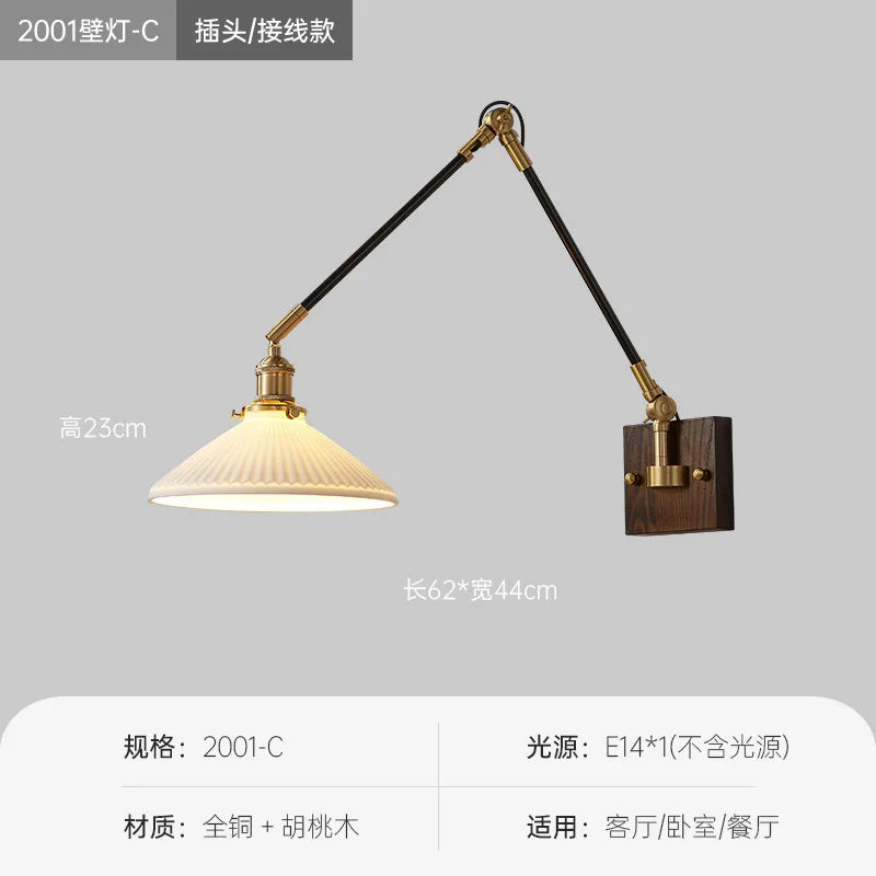 Afralia™ Walnut Wall Lamp: Japanese Style Swing Arm for Bedroom, Study, & Bedside