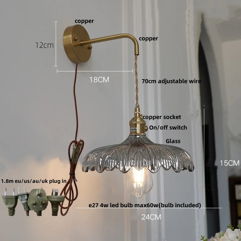 Afralia™ Amber Vintage LED Wall Light Glass Copper Pull Chain Switch Hallway Lamp