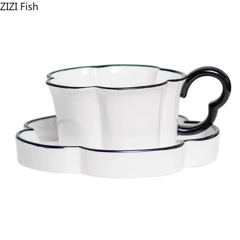 Afralia™ Black Edged Flower Mug Set - Ceramic Cup & Saucer for Tea, Coffee, and Juice