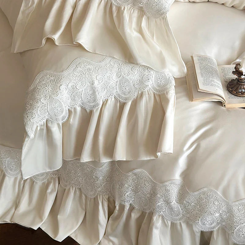 Afralia™ French Lace Ruffle Princess Wedding Bedding Set with Brushed Duvet Cover & 2 Pillowcases