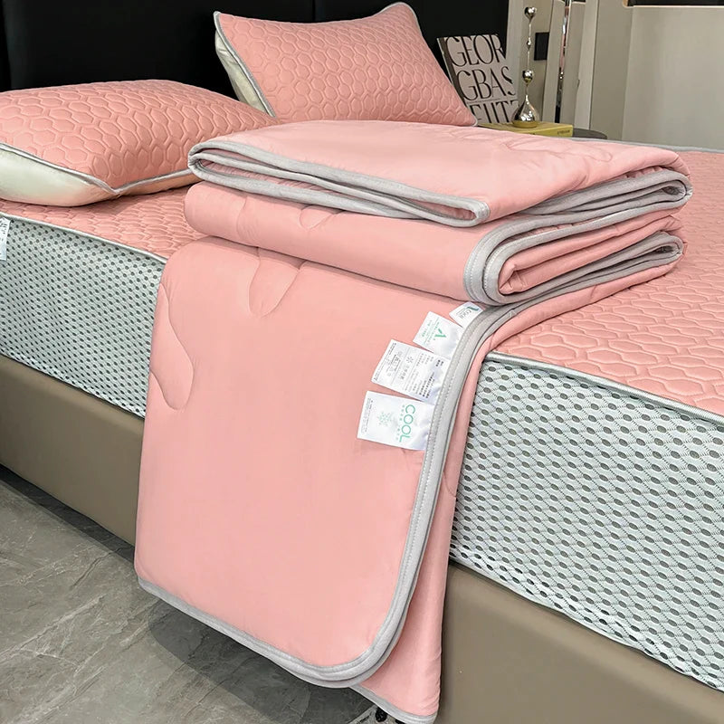 Afralia™ Silk Summer Blanket Set: Latex Fitted Sheet, Pillowcase, Queen Lightweight Comforter