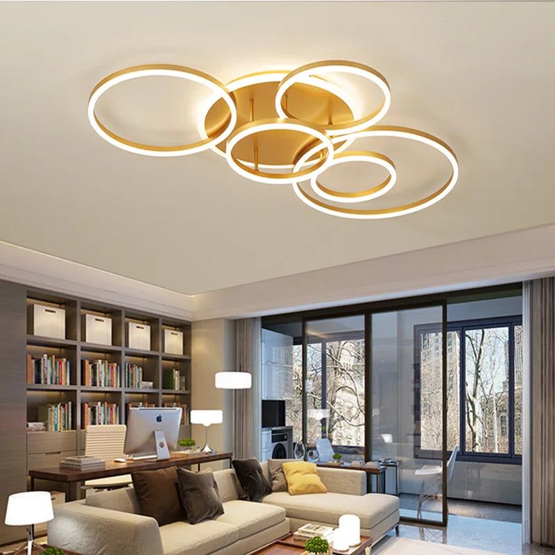 Afralia™ Brushed Golden LED Ceiling Chandelier for Modern Living Room and Bedroom Lighting