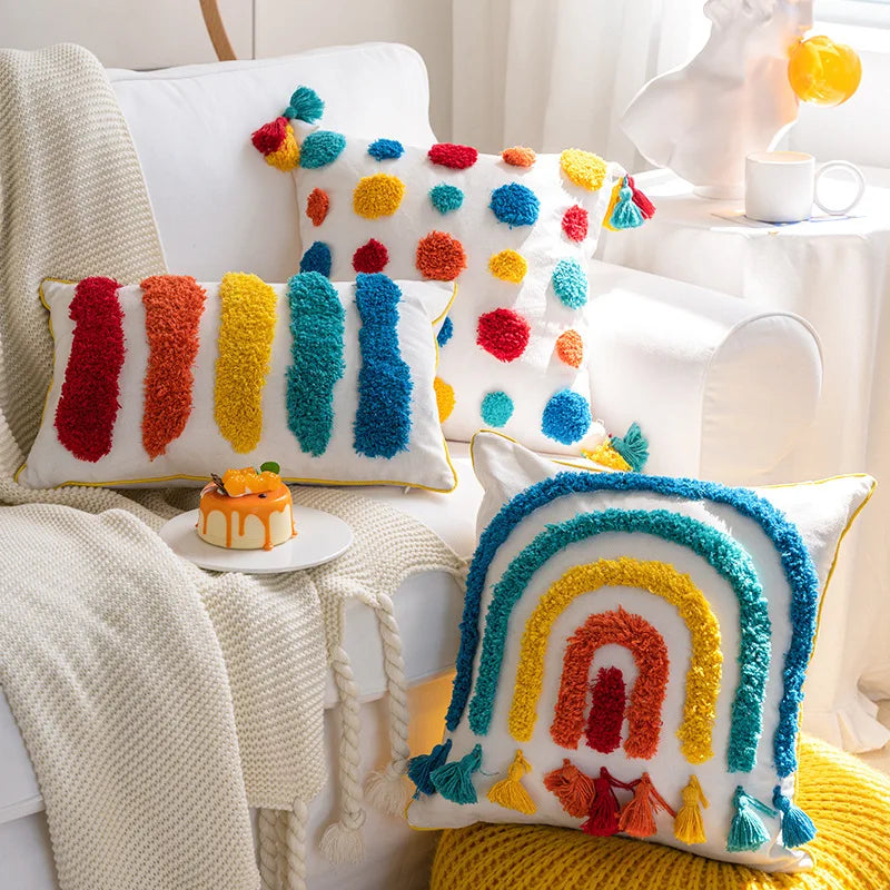 Afralia™ Rainbow Tassel Sofa Cushion Cover 45x45 - Boho Home Decor Pillowcase