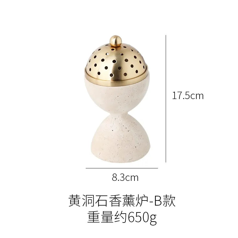 Afralia™ Travertine Marble Incense Burner with Brass Cover