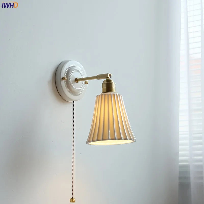 Afralia™ Ceramic Wall Lamp with Pull Chain Switch & Copper Arm, Nordic Modern LED Fixtures