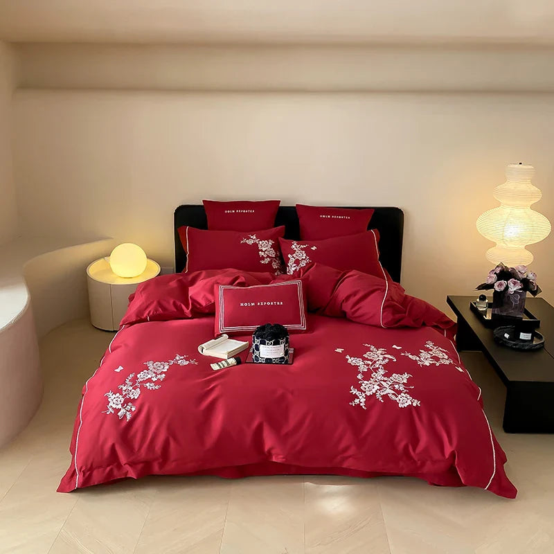 Afralia™ Egyptian Cotton Flowers Embroidery Bedding Set in Black, Red, and Khaki