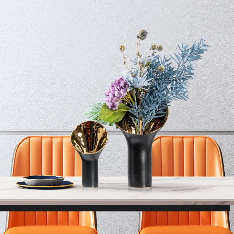 Afralia™ Golden Trumpet Ceramic Flower Vase Home Decoration Accessories