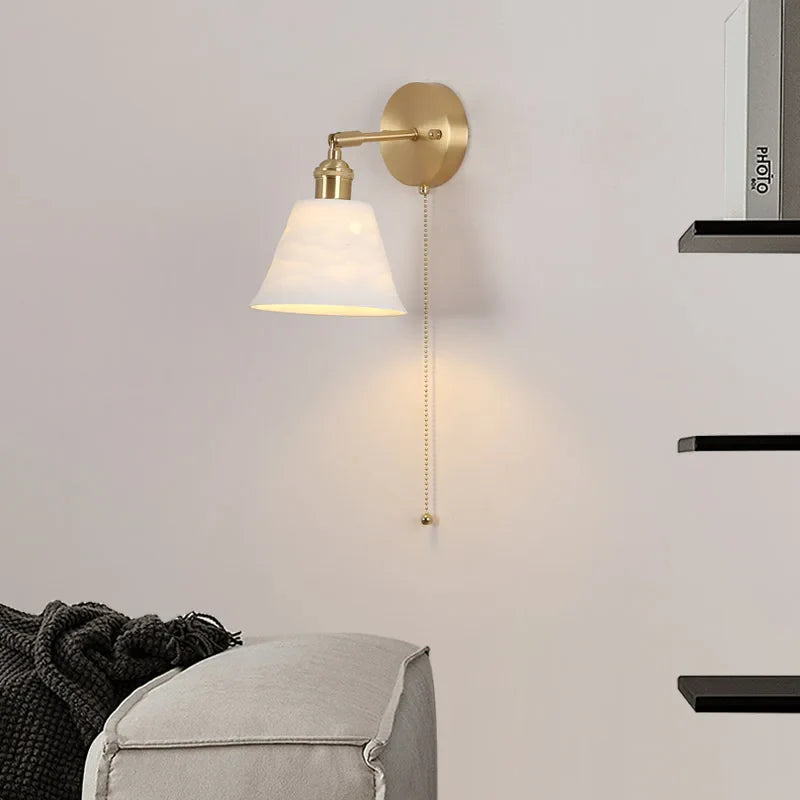 Afralia™ Copper LED Wall Light Pull Chain Switch Modern Ceramic Bedside Lamp