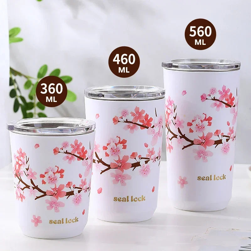 Afralia™ Cherry Blossom Stainless Steel Thermal Travel Mug with Leak-Proof Lid & Straw