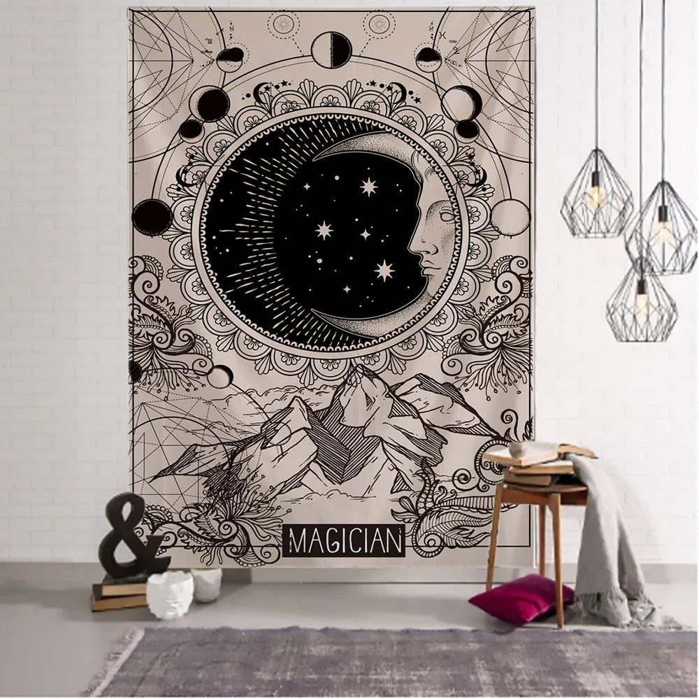 Moon Tarot Tapestry Wall Hanging for Psychedelic Witchcraft Vibe - Afralia™ Mandala Art Tapestry