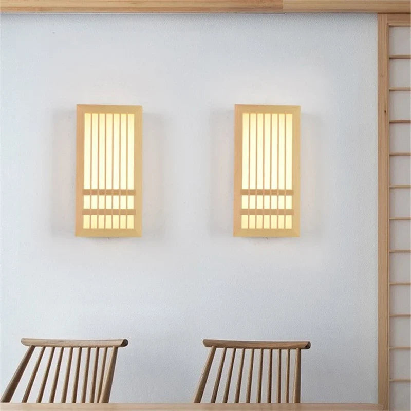 Afralia™ Japanese Wood Wall Lamps LED Acrylic Rectangular Bedside Light for Bedroom