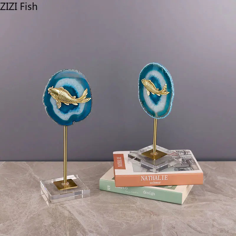 Afralia™ Blue Agate Golden Fish Statue on Crystal Base - Modern Room Decor