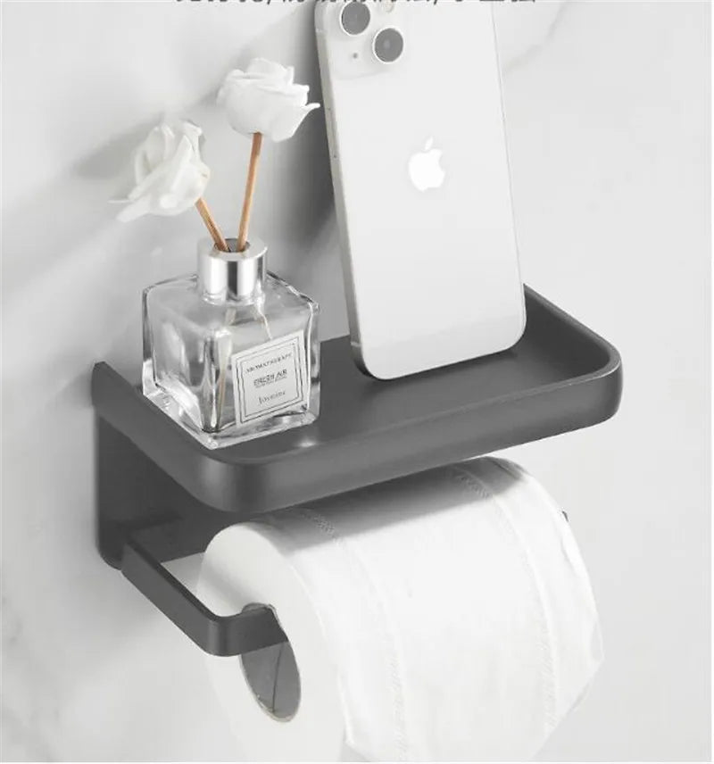 Afralia™ Aluminum Black Tissue Holder with Phone Shelf - Toilet Paper Rack