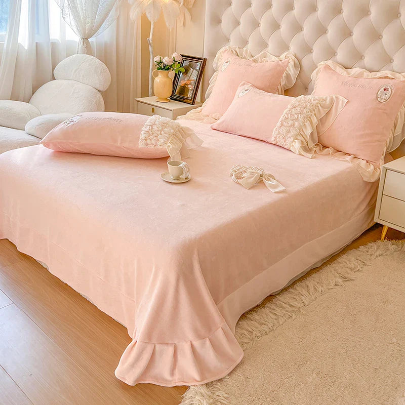 Afralia™ Pink French Rose Velvet Bedding Set with Lace Ruffles & Flowers Embroidery