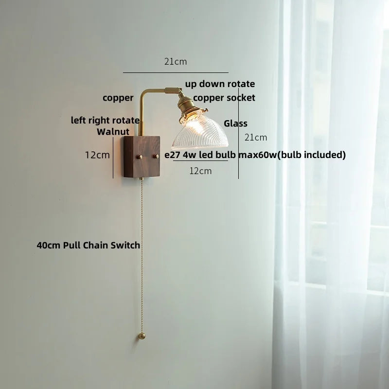 Afralia™ Walnut Wood LED Wall Sconce with Glass Shade & Pull Chain Switch