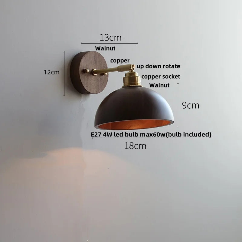 Afralia™ Copper Lampshade LED Wall Sconce Pull Chain Switch Nordic Modern Walnut Wood Mirror Light