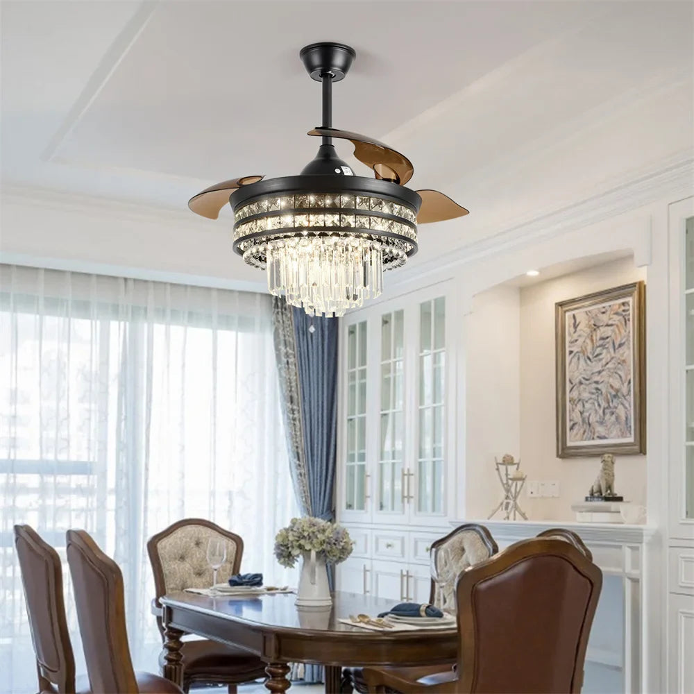 Afralia™ Crystal Fandelier Ceiling Fan with Retractable Chandelier & Invisible Blades