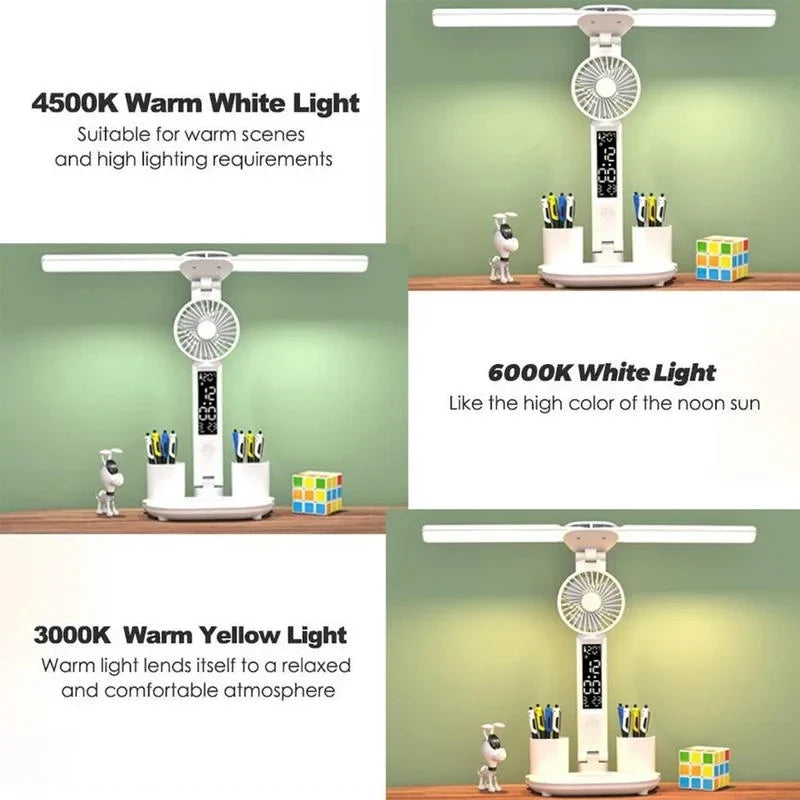 Afralia™ Rechargeable LED Desk Lamp with Fan and Clock Display