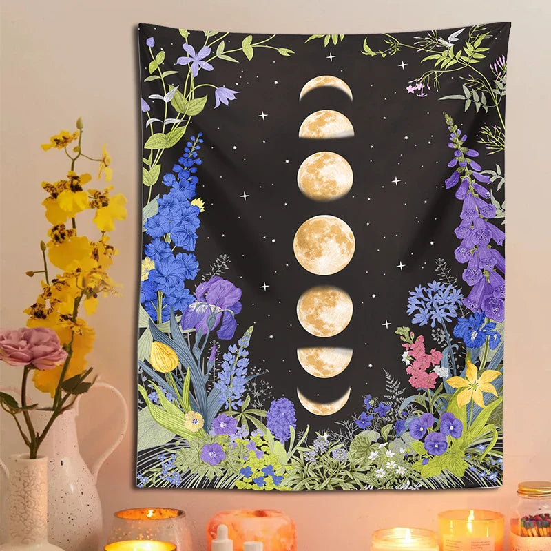 Afralia™ Moon Phase Purple Plant Star Floral Wall Tapestry