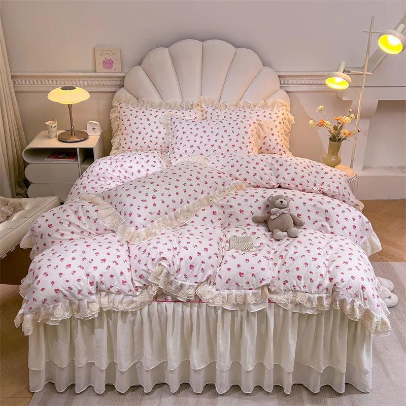 Afralia™ Princess Lace Ruffles Floral Bedding Set with Duvet Cover and Bed Skirt