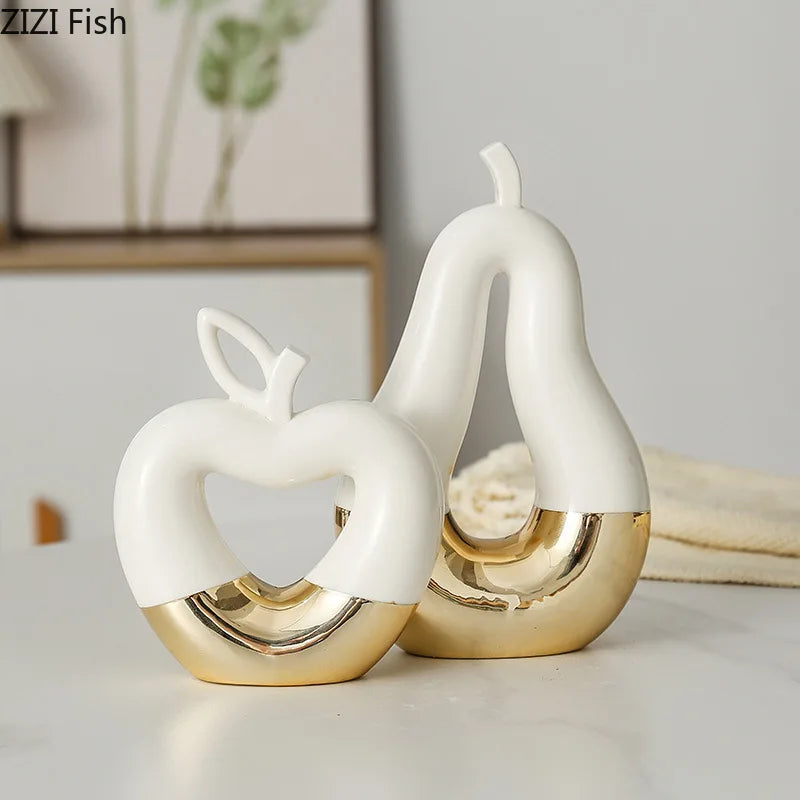 Afralia™ Gold Apple Pear Statue Ceramic Ornaments Desk Decoration Modern Crafts Sculpture