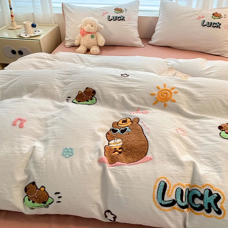 Afralia™ Cartoon Pattern Embroidered Bedding Sets: Cozy, Soft, and Breathable for Kids and Adults
