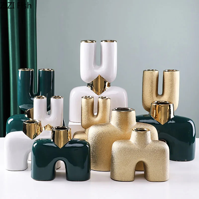 Afralia™ Gold Geometry Ceramic Vase Desk Decoration Modern Floral Room Decor Vase