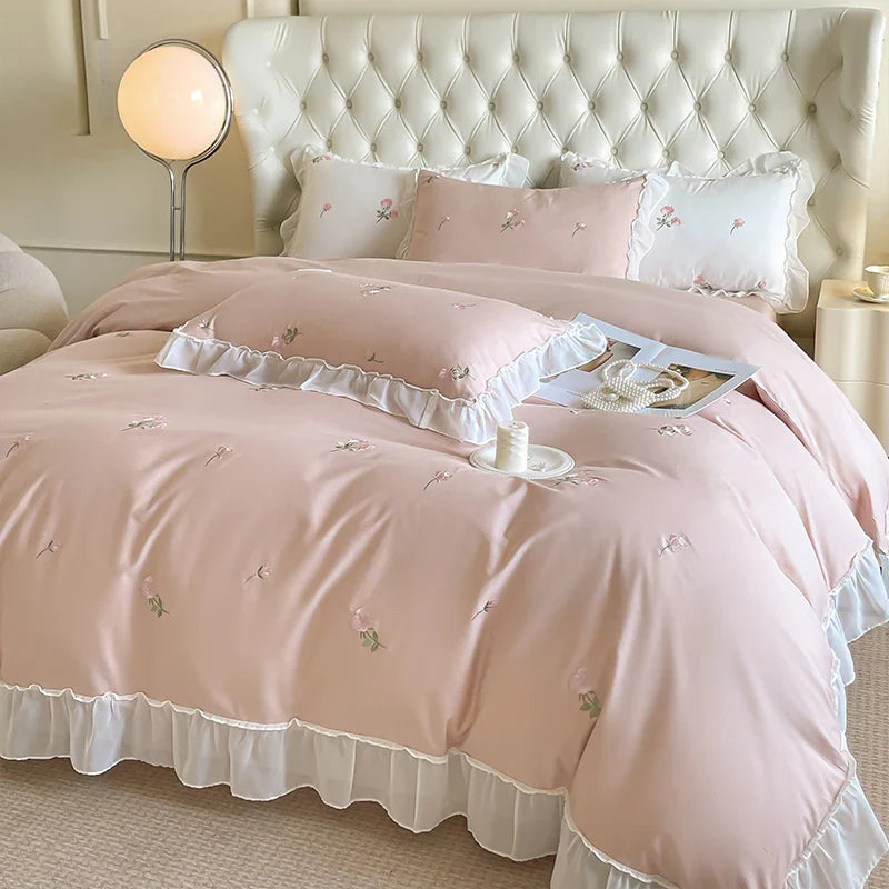 Afralia™ Rose Flowers Embroidery Lace Ruffles White Bedding Set - 100% Cotton Duvet Cover, Bed Sheet, Pillowcase