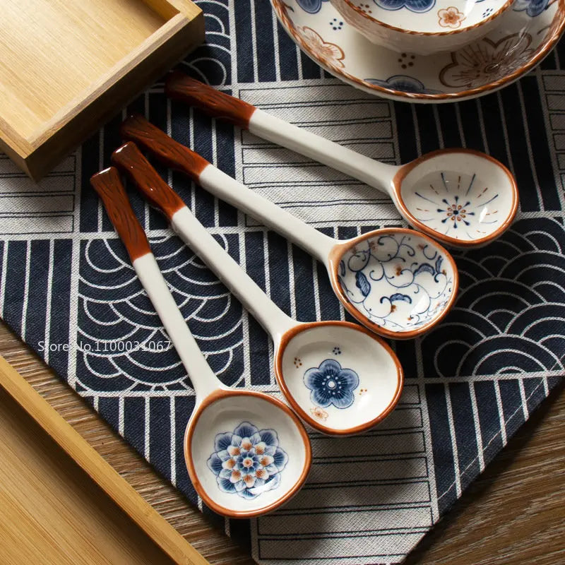 Afralia™ Japanese Vine Ceramic Spoon Set - Ins Wind Hand-painted Long Handle Dessert Spoons