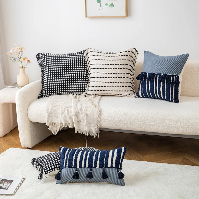 Afralia™ Yellow Geometric Tufted Cushion Cover with Crochet Tassels