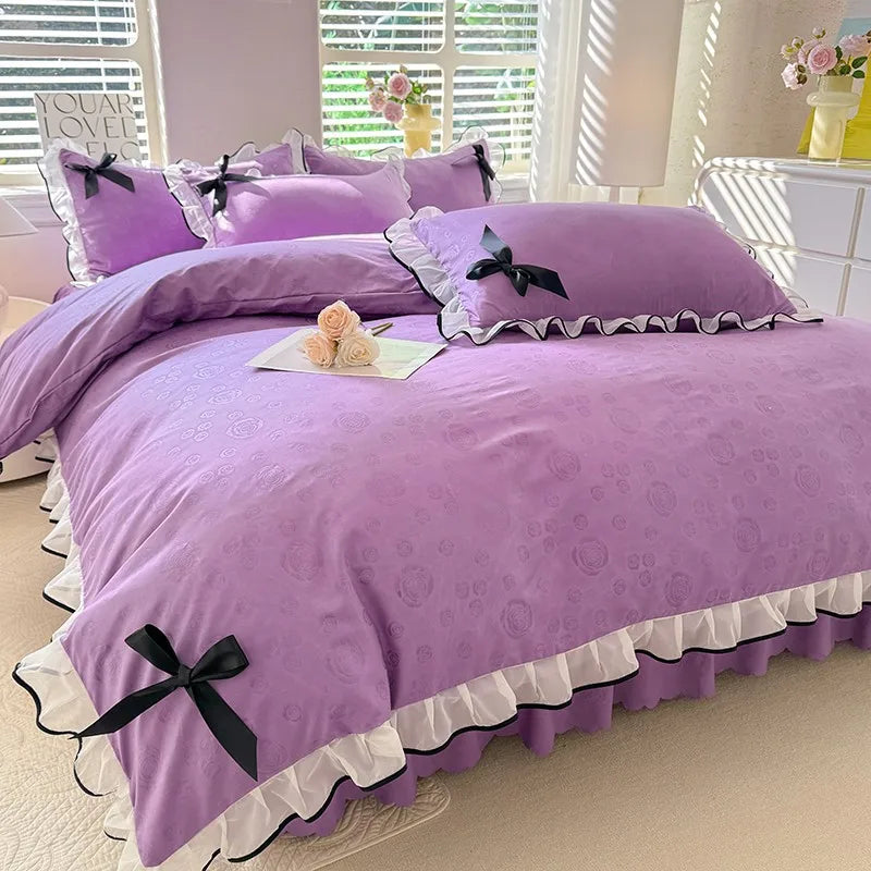 Afralia™ Lace Bow Bed Skirt Bedding Set in Romantic Solid Color for King Queen Double Sizes