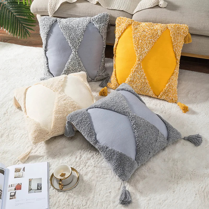 Afralia™ Boho Tufted Embroidered Cotton Canvas Cushion Cover Grey Beige Tassel Pillowcase