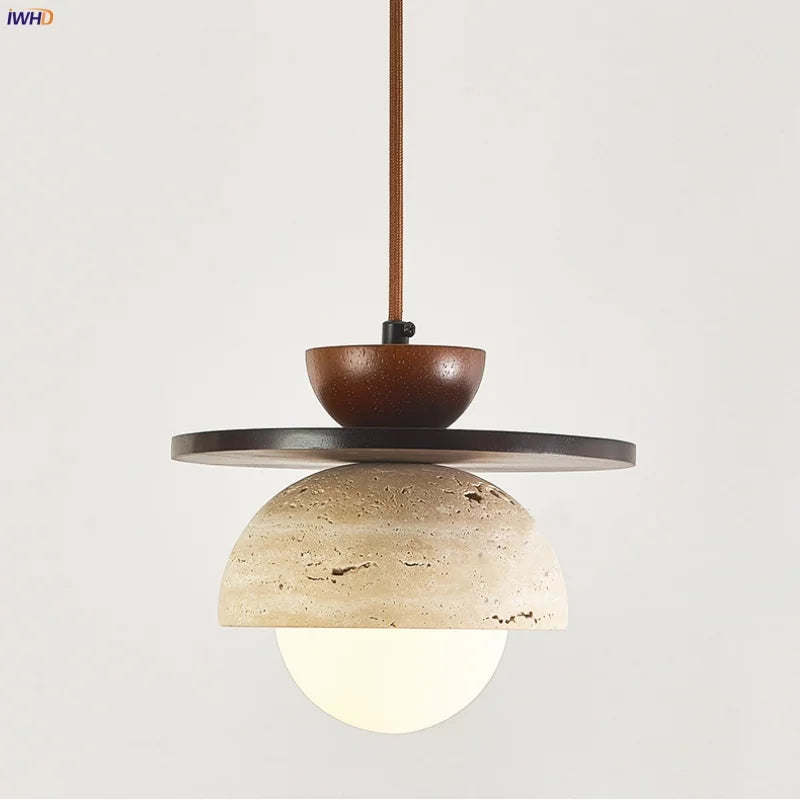 Afralia™ Glass Ball LED Pendant Lamp for Coffee Living Dining Room with Natural Wood and Stone