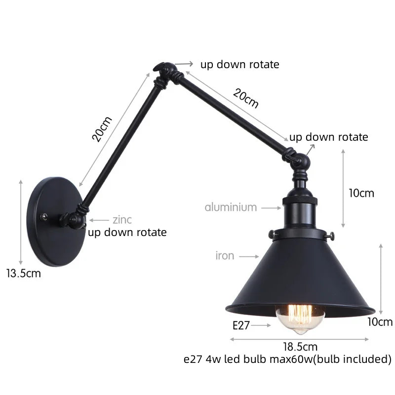 Afralia™ Industrial Loft LED Wall Lamp Black Vintage Swing Arm Mirror Light