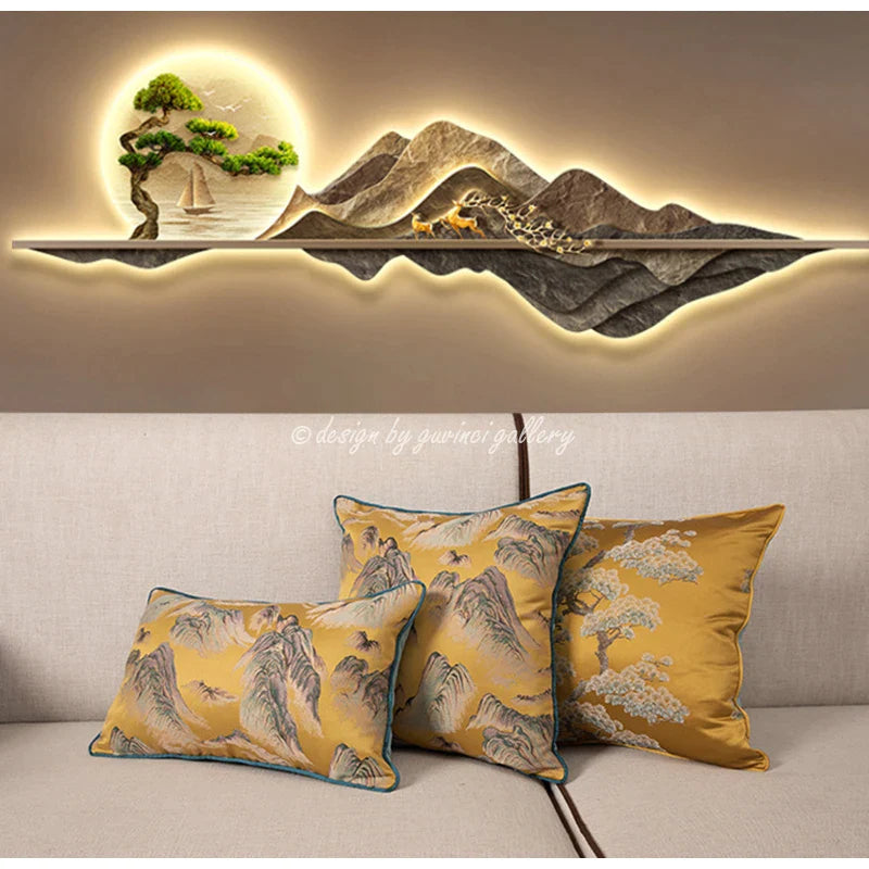 Afralia™ Luxury Gold Silk Satin Pine Tree Throw Pillowcase